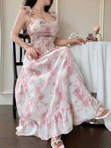 Modelyn 女士扎染印花荷叶边弹力肩带方领 A 字连衣裙