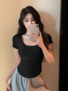 DAZY 女士休闲纯色圆领修身T恤 - 黑色 - 查看 2