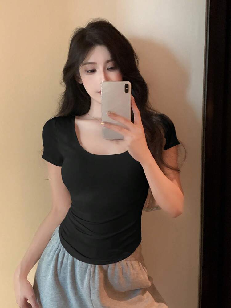 Women Casual Solid Color Round Neck Fitted T-Shirt
