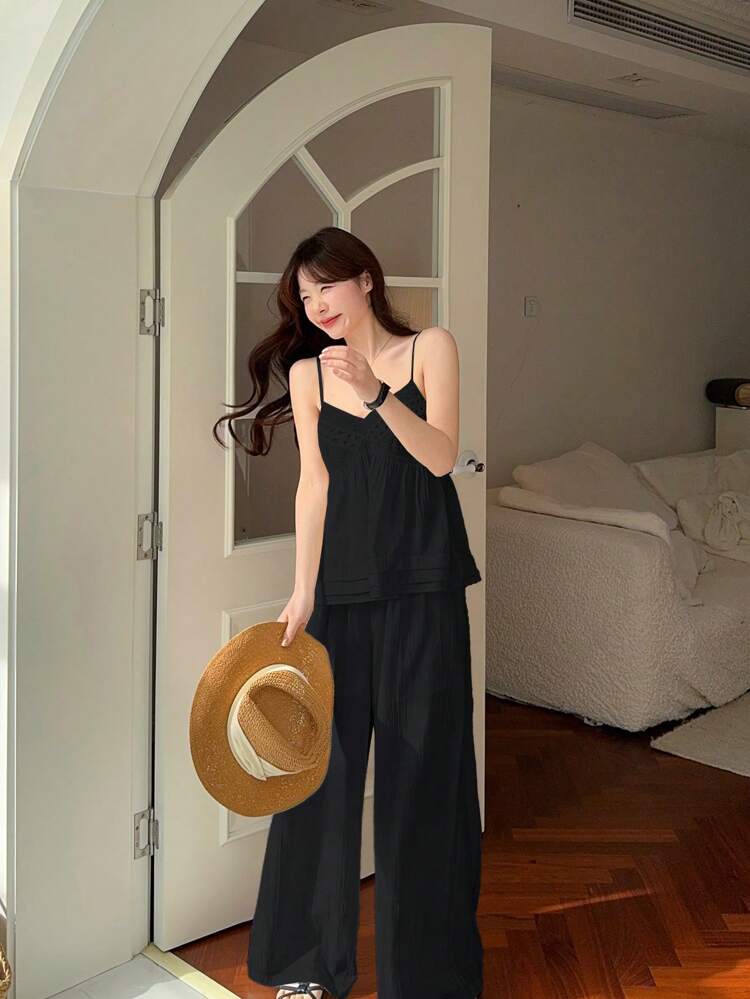 Women 2Pcs Set Solid Color Casual Camisole With Lace Patchwork,Back To School Clothes