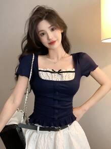 DAZY Women Casual Contrast Bowknot Short Sleeve T-Shirt, Cute Top
