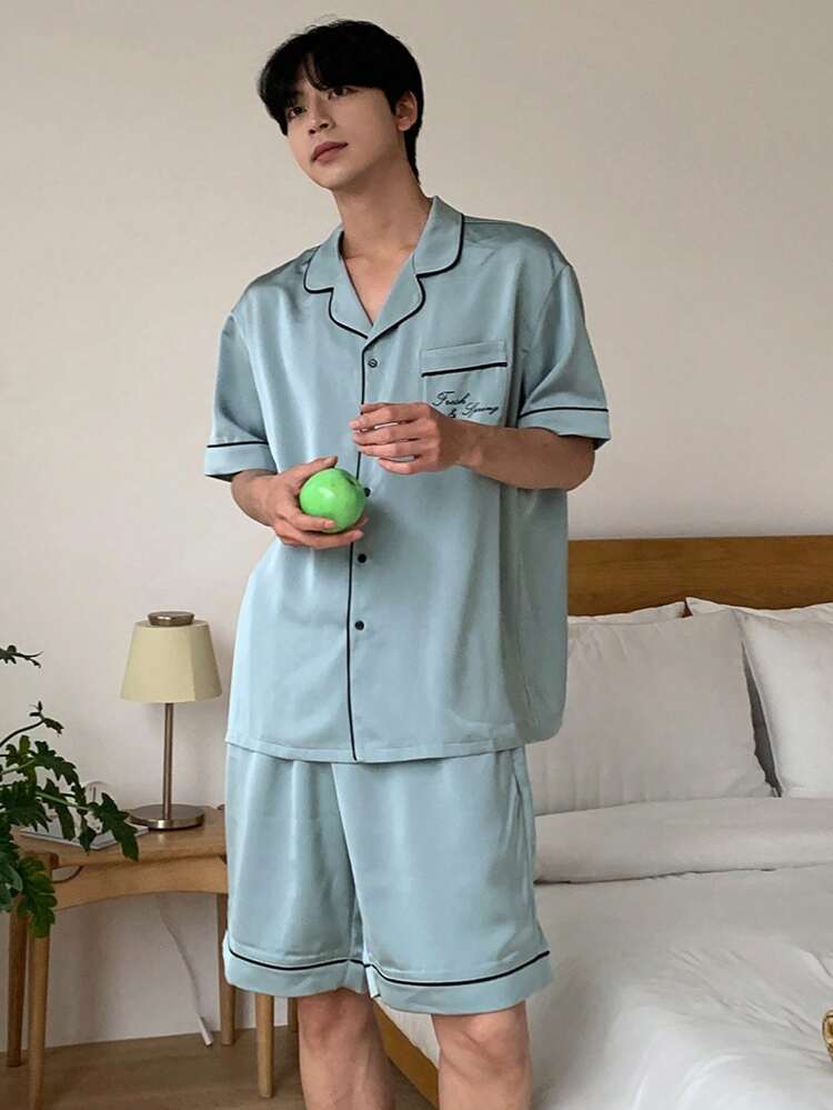 Letter Print Green Shirt With Casual Summer Men's Pajama Set
