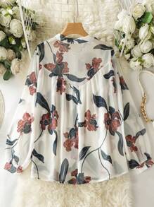 Lacomfia Elegant Print Plus Size Collared Shirt - Dark Green - View 2