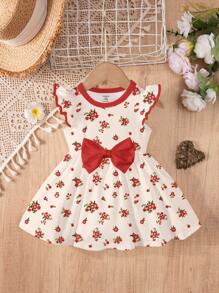 SHEIN 2pcs/Set Baby Girl Ruffled Sleeve Bow Decor Cute Bee Print Summer Dress, Fashion - Multicolor - View 2