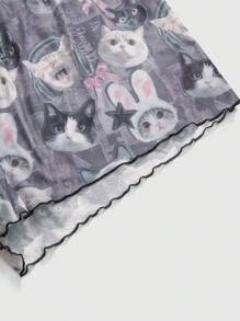 ROMWE Goth 加大码哥特式黑猫报纸印花缎面吊带背心和短裤睡衣套装