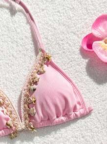 SHEIN 3pcs Teen Girls Light Pink Bikini Swimsuit Set With Leopard Floral Print Cover Up Skirt Summer Holiday - Pink - View 5