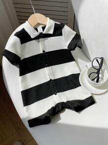 SHEIN Bộ áo liền quần tay ngắn cổ polo kẻ sọc thoải mái cho bé trai/bé gái, thích hợp mặc hàng ngày, đi học, chơi thể thao, dự tiệc, chụp ảnh, đi nghỉ mát, nghỉ lễ mùa xuân/hè. - Đen và trắng - Xem 6