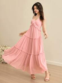 少女优雅时尚 V 领无袖高腰长款粉色雪纺飘逸吊带裙，夏季粉色派对礼服 - 粉色 - 查看 3