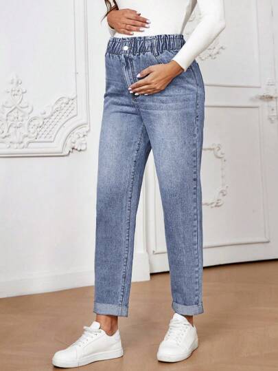SHEIN Pregnant Women Plain Pocket Relaxed Fit Straight-Leg Mom Jeans, For Maternity