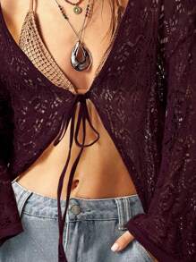 Bohemela Cardigan ampio donna a maniche a sbuffo lavorato a maglia forato tinta unita, ideale per le vacanze
