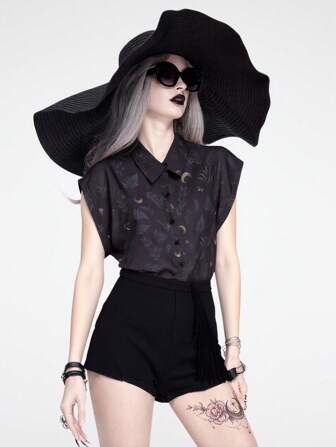 Chemise femme imprimée tout-sur-le-thème de la lune et des plantes, style gothique décontracté