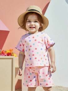 Set da 2 pezzi per bambina neonata o bimba con maglietta a righe in maglia colorata e fantasia floreale e pantaloncini, set casual, adatto per primavera/estate, taglia 0-3 anni