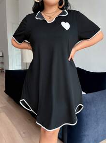 SHEIN 女士休闲睡衣撞色镶边 V 领短袖 T 恤连衣裙 - 黑色 - 查看 1