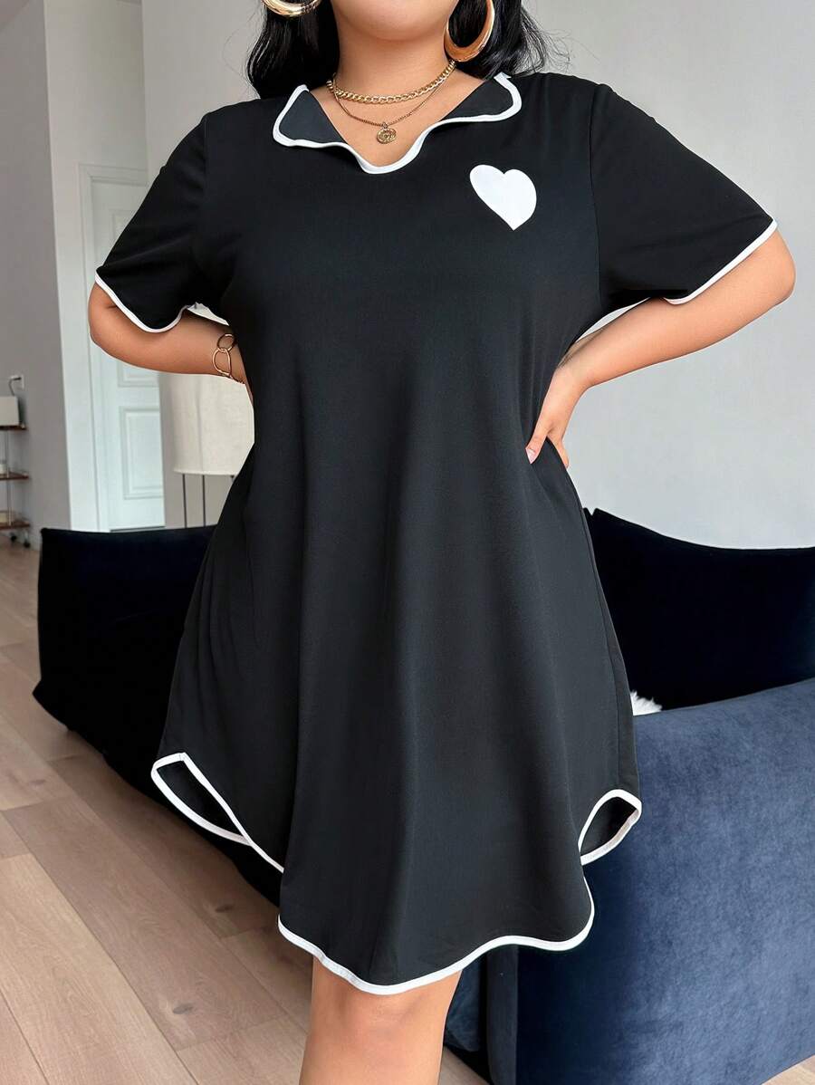 SHEIN 女士休闲睡衣撞色镶边 V 领短袖 T 恤连衣裙 - 黑色 - 查看 1