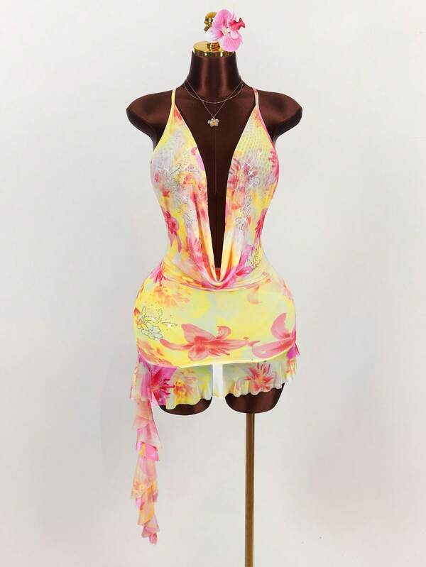 Amplova Dramatic Draped Neck Floral Full Print Rhinestones Decor Ruffle Trim Dress Vacation Dress