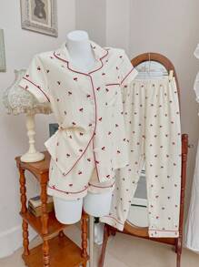 SHEIN 柔软触感口袋睡衣套装，翻领设计和樱桃图案，是放松身心的完美选择 樱桃睡衣套装 两件套睡衣套装 樱桃印花睡衣套装 樱桃睡衣套装 女士睡衣套装 - 彩色 - 查看 1