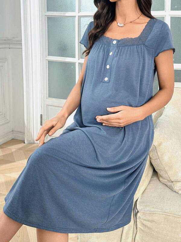 SHEIN Super Soft Floral Organza & Contrast Lace Button Closure Casual Nightgown, Pregnancy Nightwear