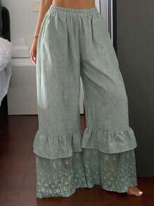 DAZY Pantalón de pijama con volantes y encaje de patchwork de lino para mujer