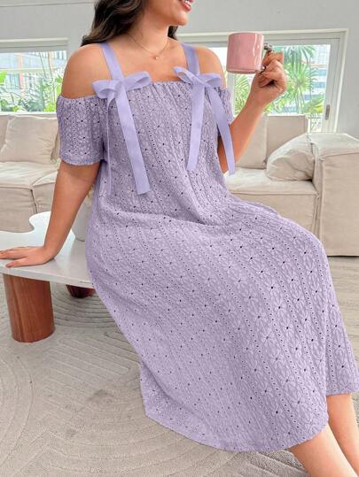 SHEIN 加大码女式提花缎带蝴蝶结细肩带露肩短袖睡裙娃娃裙蝴蝶结