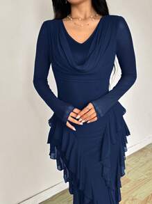 Modelyn Women's Long Elastic Mesh Scoop Neck Ruffle Hem Bodycon Elegant Dress, Spring/Summer - Navy Blue - View 6