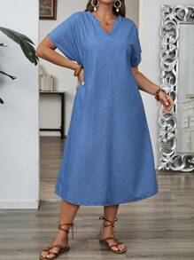 EMERY ROSE Plus Size V Neck Short Sleeve Casual Denim Dress  Blue Jean Dress Women Linen Dresses For Women Summer Women Denim Dresses Denim Dress Curve Summer Dresses For Women Summer Dress Dresses For Women Summer Vacation Outfits Woman Beach Outfits For Woman Country Concert Outfit Boho - Medium Wash - View 3