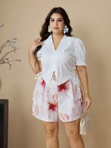 SHEIN MOD Short imprimé pour le printemps et l'été, grande taille, élégant, pour le bureau et les tenues décontractées, avec une taille dorée, convient pour les fêtes, les pique-niques, dans le style de la princesse chinoise - Multicolore - Voir 5