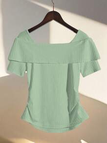 GlowEve Knitted Striped Textured Splice Button Decor Luxurious French Style White Summer Ladies Short Sleeve Top - Olive Green - View 2