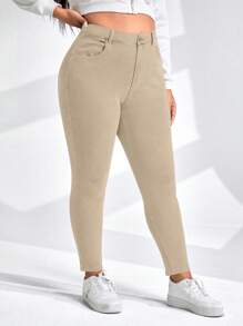 EMERY ROSE Women Plus Size Casual Solid Color Stretchy Leggings Elegant Spring - Khaki - View 4