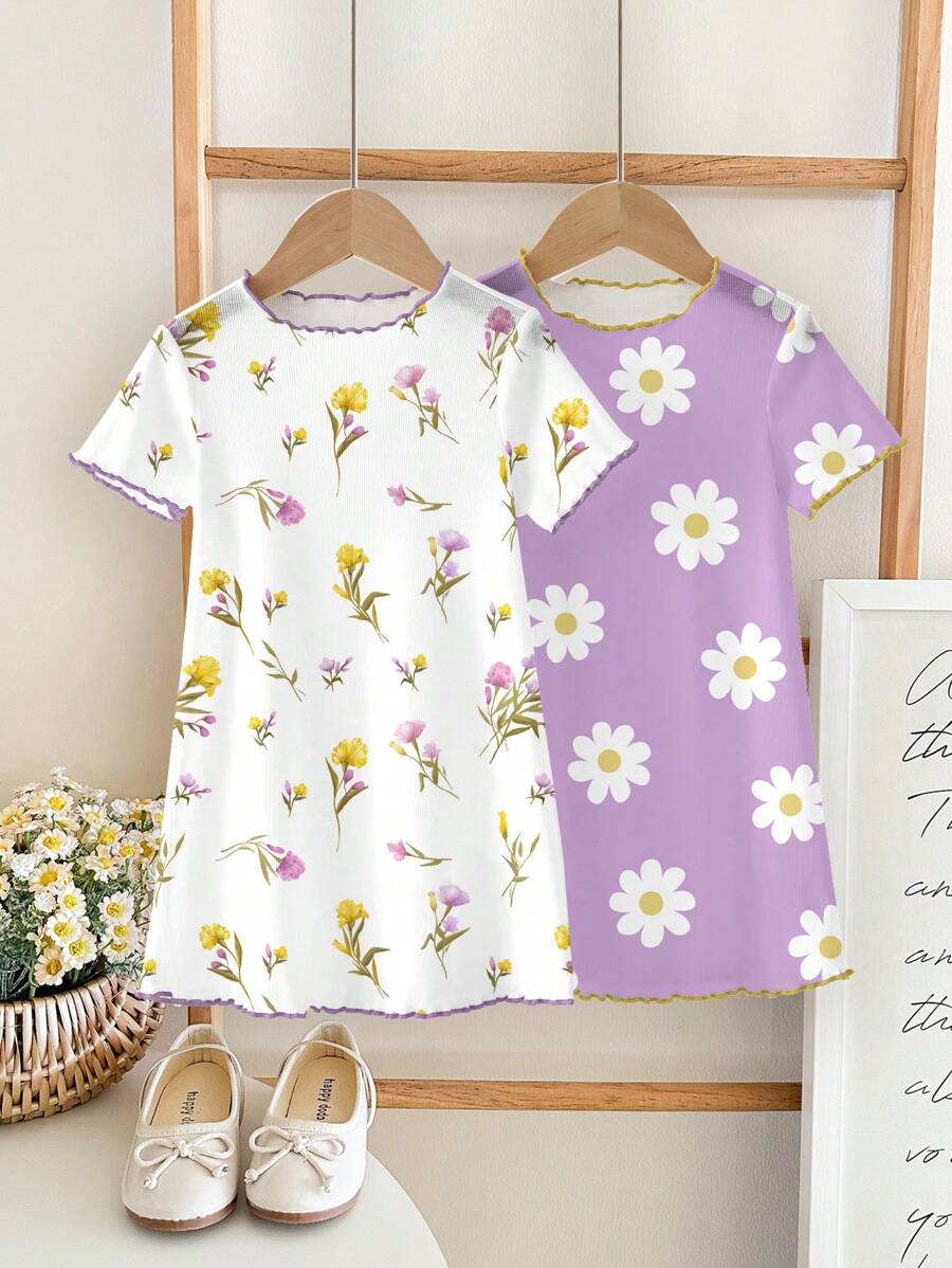 SHEIN 3pcs/Set Baby Girls Floral Pattern Casual Minimalist Home Dress, Summer - Multicolor - View 1