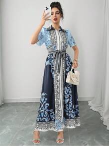 Modelyn 女士时尚全身印花系带领短袖长裙 - 彩色 - 查看 5