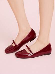 CUCCOO DOLLMOD Wine Red Round Toe Strap Bow Ballerina Flats, Fashion Comfortable Women Shoes For Commute, Party, Outing, Vacation For Christmas Spring Shoes - Burgundy - View 4