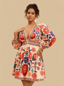 Travachic Vestido Floral Boêmio de Plus Size, Casual, de Férias, com Manga Lanterna