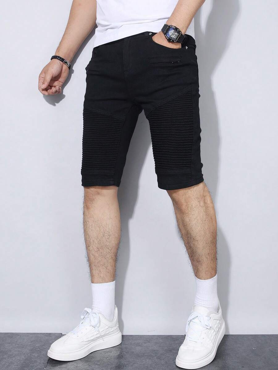Manfinity Homme 男士夏季休闲纯色修身牛仔短裤 - 黑色 - 查看 1