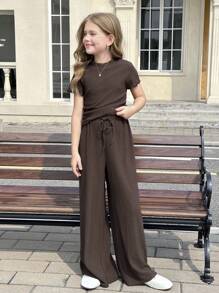 SHEIN 青少年女孩纯咖啡色纹理针织侧褶高领紧身上衣和阔腿裤两件套