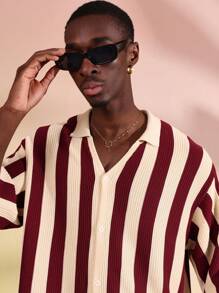 SUMWON Camisa estilosa de manga corta con botones y rayas, de punto con costillas, uso casual de fin de semana y estilo resort, moda para verano y primavera, con cuello - Burdeos - Ver 3