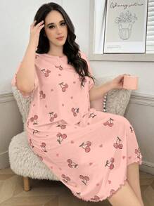 CottageSlumber Plus Size Women Cherry Print Short Sleeve Sleepshirt With Lettuce Trim, Moo Moo Sleep Dress - Multicolor - View 4
