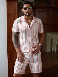 Manfinity Homme Men Men Striped Pattern Knit Top 2 Pieces Set, Summer - Multicolor - View 1