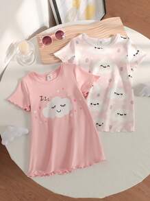 2 件套女婴云朵图案睡脸印花粉色全云设计袖口腿下摆迷你睡袍套装 - 彩色 - 查看 1