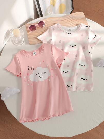 2 件套女婴云朵图案睡脸印花粉色全云设计袖口腿下摆迷你睡袍套装