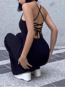 INAWLY Women's Backless Strap Black Jumpsuit, Sexy & Slim Fit - Black - View 3