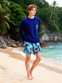 青少年男童字母印花长袖上衣和短裤泳装套装，适合夏季、海滩、度假 - 藍色 - 查看 1