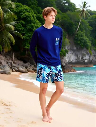 Tonårspojkar med bokstavstryck, långärmad topp och shorts, baddräktset, för sommar, strand, semester