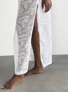 Maija Vestido flojo de escote en V color beige de estilo bohemio y romántico para mujer, vestido largo de manga larga cómodo y ajustado con detalles de encaje, lazo, y bordados, adecuado para primavera/verano - Blanco - Ver 7