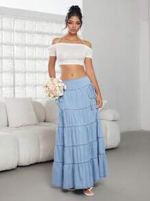 SHEIN ICON Váy mini denim giản dị nhiều lớp viền bèo nhún buộc bên hông cho nữ - Rửa nhẹ - Xem 5