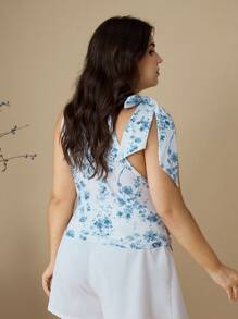 SHEIN MOD 女式大码立领蝴蝶结抽绳荷叶边蓝白印花衬衫，春夏