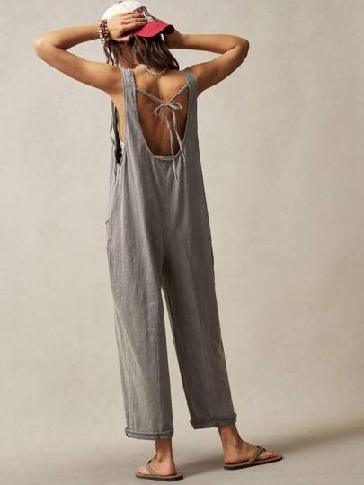 Bohemela 女式夏季波西米亚风格纯色针织宽松露背阔腿连体裤度假装