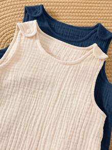 SHEIN 2pcs/Set Newborn Baby Boys Cute Crinkle Solid Color Vest Romper Set, Summer - Multicolor - View 4