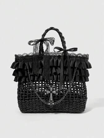 Goth Bolso de mano elegante y de moda con diseño hueco y ribete de volantes