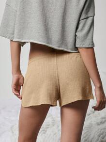 WESTFADE Cute Mid Rise Tie Front Textured Knit Lounge Shorts - Khaki - View 8