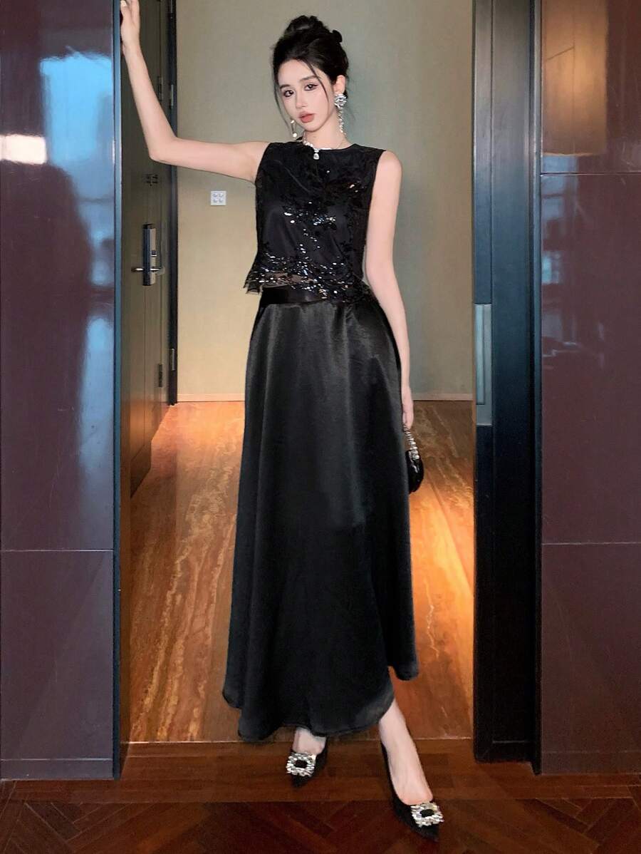 DAZY 两件套女士夏季亮片无袖背心和缎面宽松半裙,优雅都市休闲装,奢华新年女士嘉年华服装 - 黑色 - 查看 1